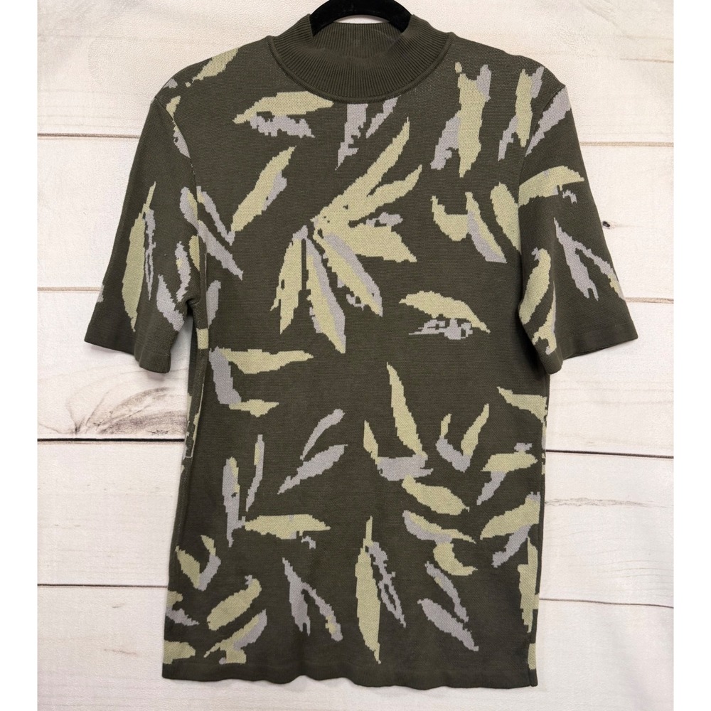 ASOS DESIGN Womens Olive Green Abstract Leaf Knit‎ Mock Neck T-Shirt Size M